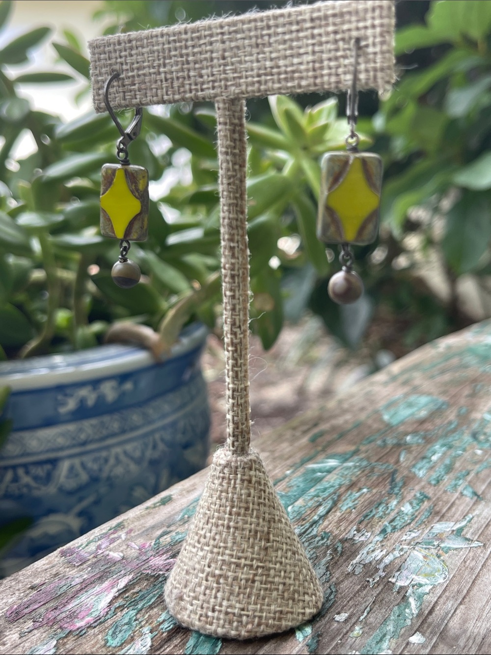 Yellow Enamel Drop Earrings with Bead Accent